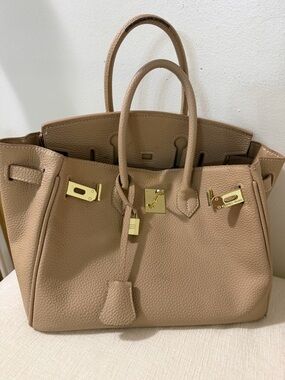 Classic Taupe Leather Tote Handbag with Gold Hardware